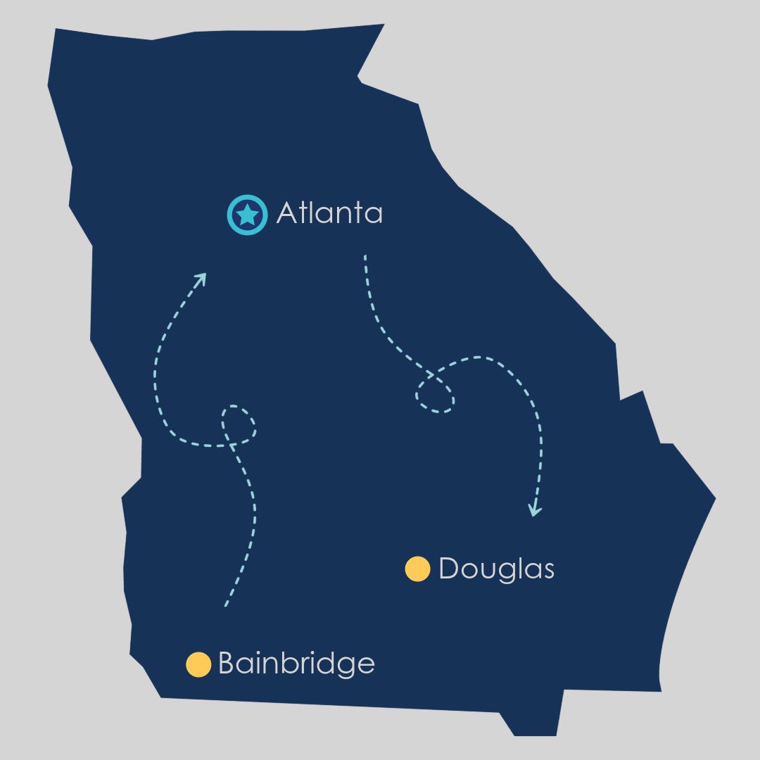 Infographic showing atlanta and bainbridge and douglas on a map of georgia to show the rural areas collaborating with emory healthcare via eICU